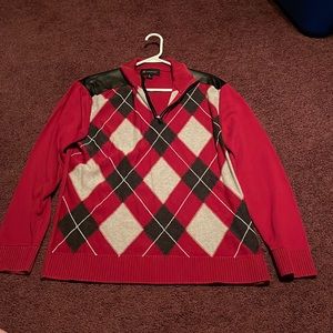 Mens INC Argyle 1/4 Zip Sweater Red Large